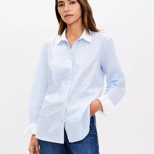 NWT LOFT Blue and White Button Down Shirt with Sequins Cotton Size L